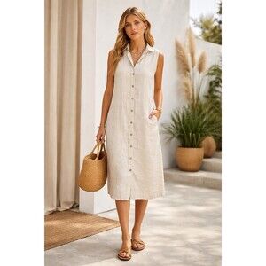 Halston Boho Linen Dress Button Front Pockets Size Large Minimalist Natural